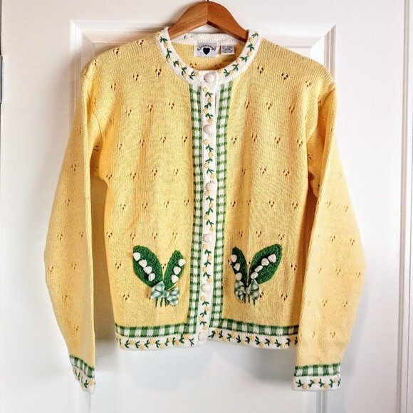 Hartstrings Yellow Green Floral Crochet Knit Cardigan - Picture 1 of 6